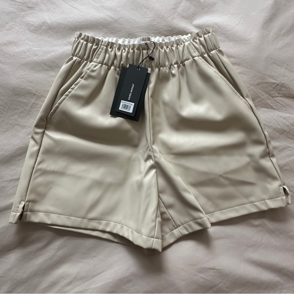 Cream Faux Leather Shorts